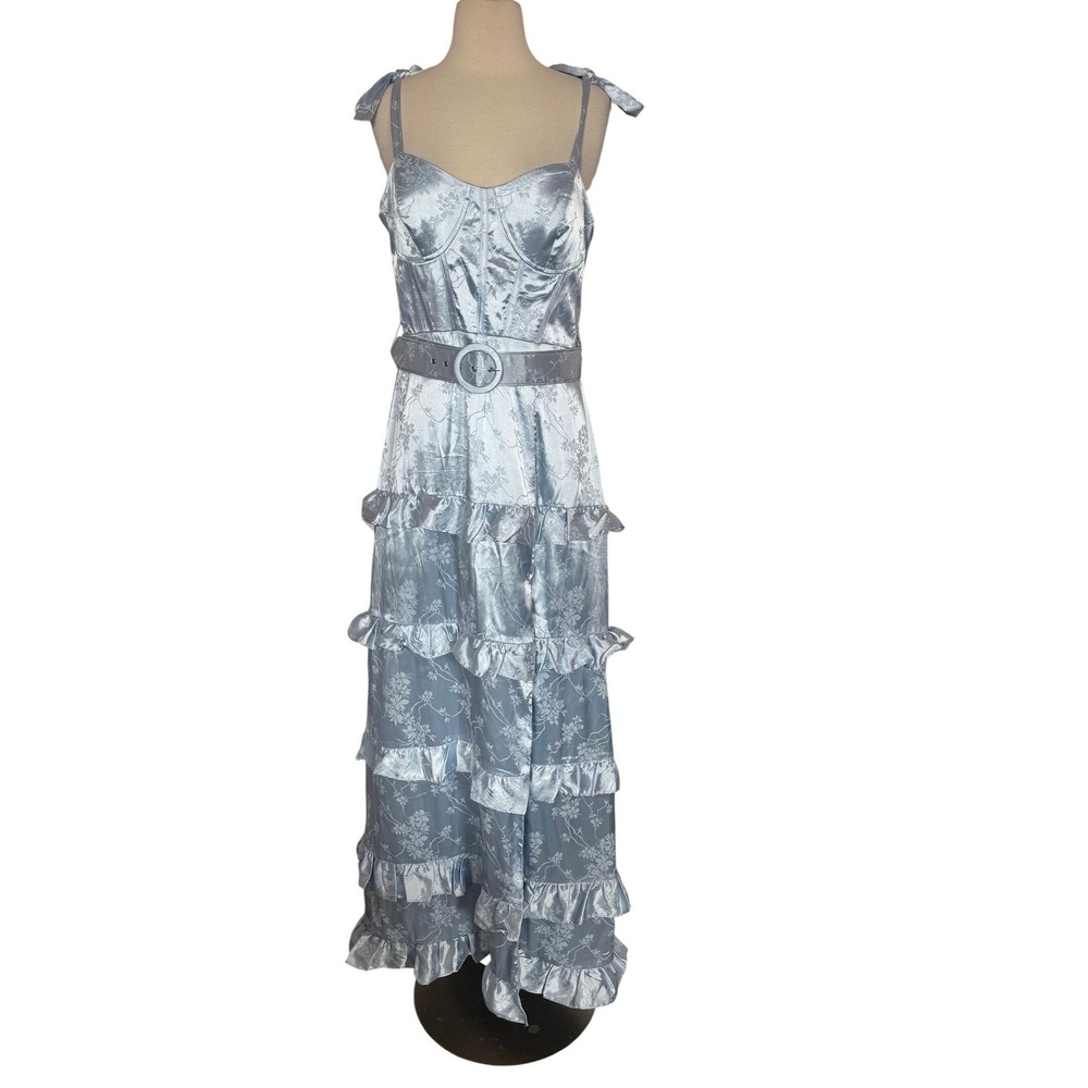 City Vibe Blue Floral Satin Jacquard Tiered Ruffle Maxi Dress Corset Belted 13